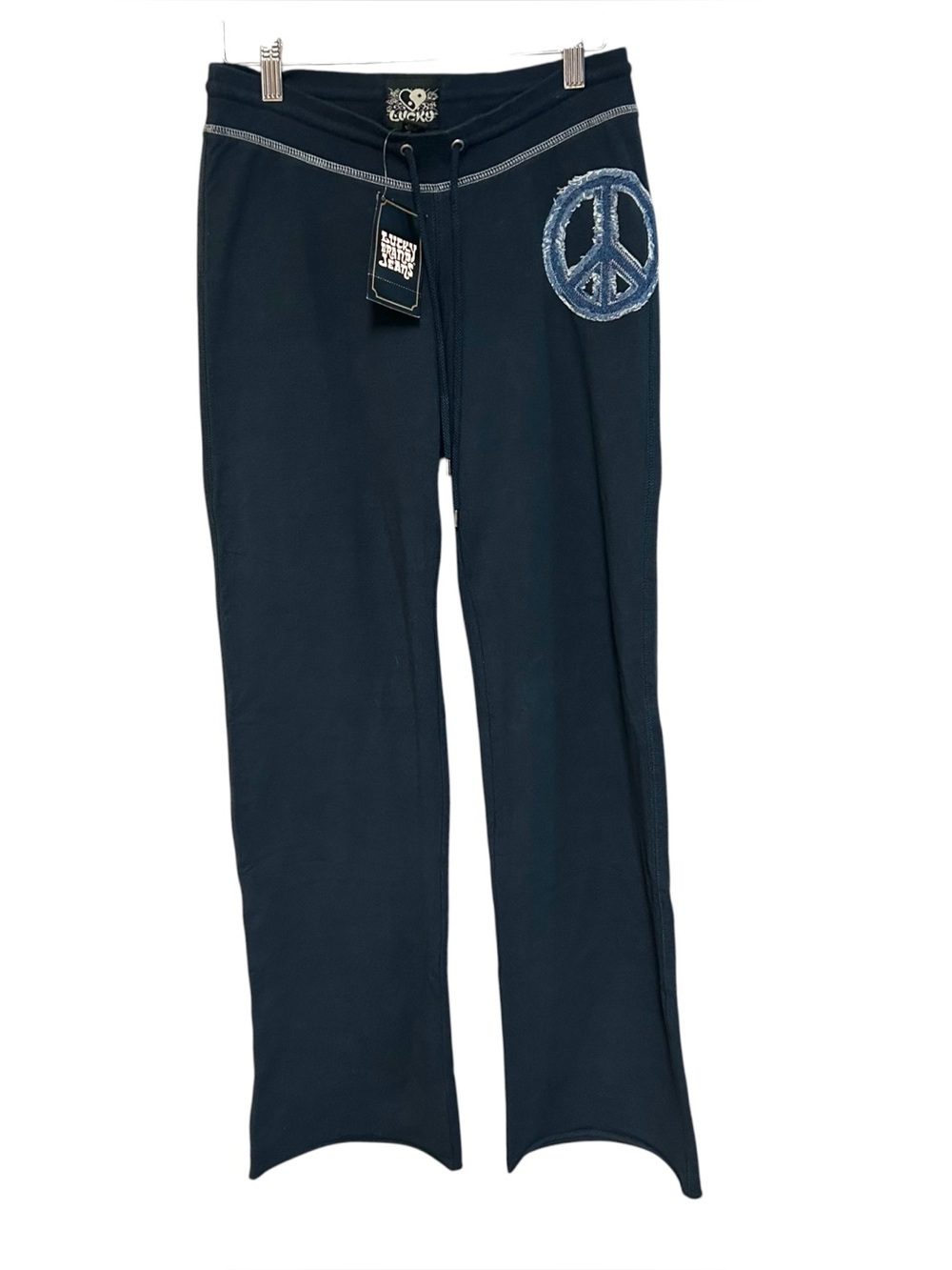 Y2K lucky brand XS sweatpants bootleg peace logo back pocket boho hippie